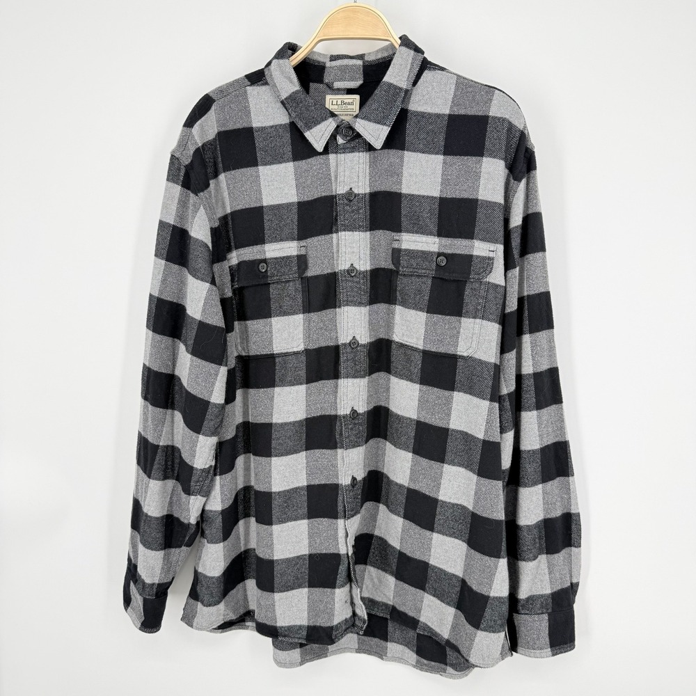 L.L.Bean Flannel Shirt Mens XL Black Grey Buffalo Check Organic Cotton